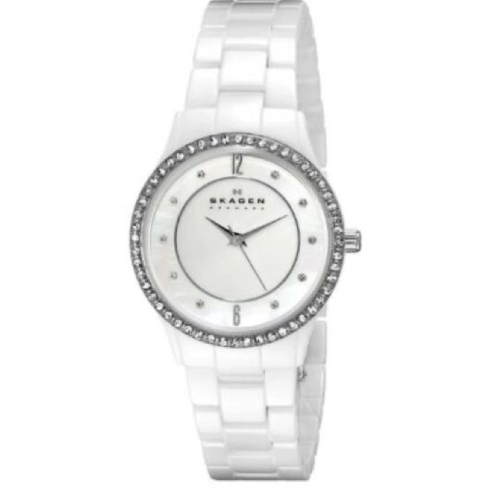 Skagen Denmark White Ceramic Watch Swarovski Crystal Japan Quartz